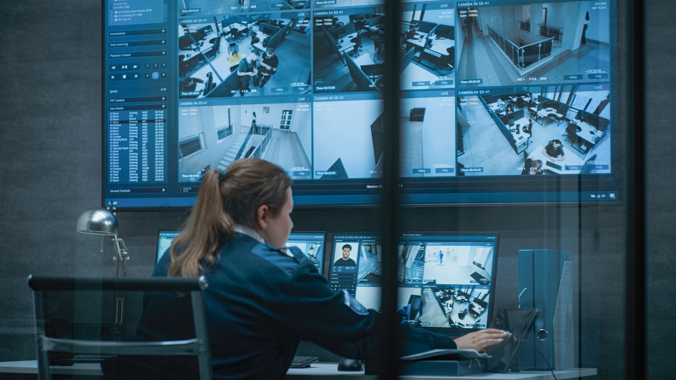 CCTV operator monitoring security screens